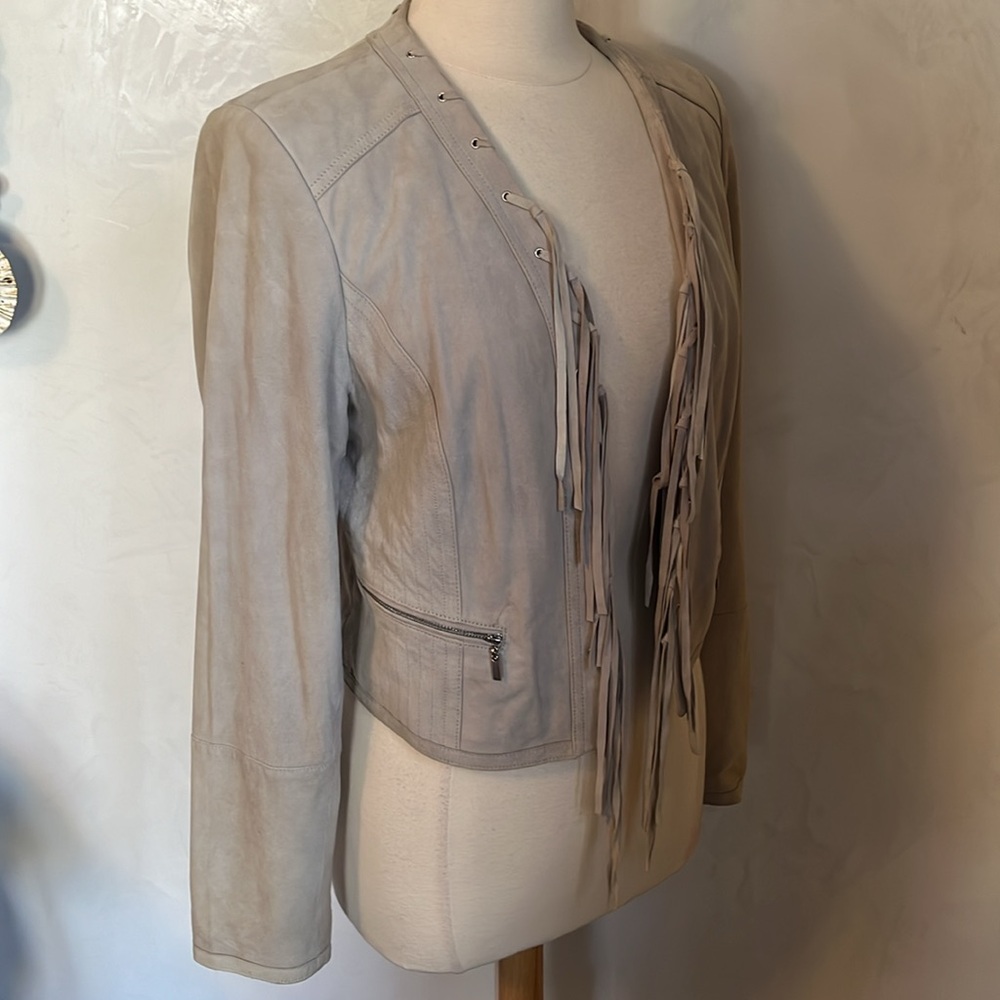 WhiteHouseaBlackMarket Light Gray Genuine Suede Jacket w/Fringe lace up Size L - Picture 4 of 17